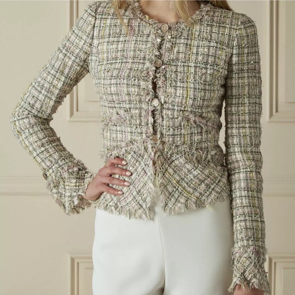 CHANEL Vintage Chanel Multi Pastels Ribbon Boucle Tweed Jacket with Frayed Trim